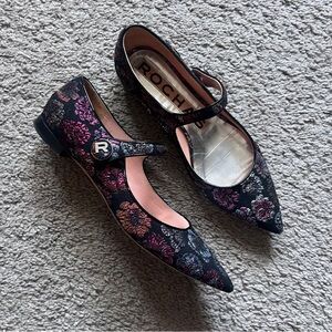 $850 Rochas Black Multi Floral Mary Jane Slip On Flats size 37.5/7